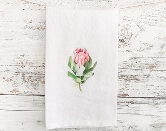 French Linen tea towel with protea flower by Emma Pyle perfect  for plant lover themed kitchen decor, wild flower of South Africa