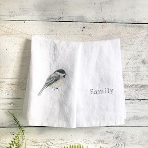 Chickadee French Linen tea towel set, white stonewashed dish towel gift for Mom, Mother&#39;s Day present for her kitchen