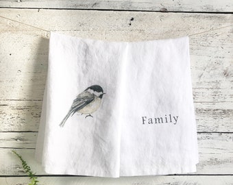 Chickadee French Linen tea towel set, white stonewashed dish towel gift for Mom, Mother's Day present for her kitchen