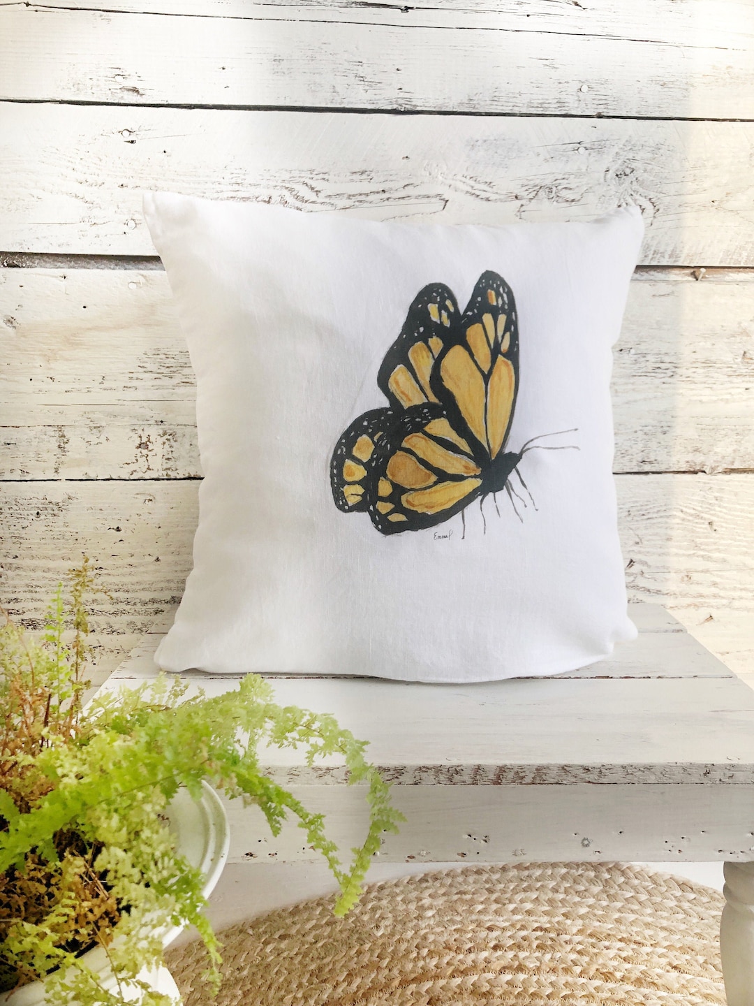 Buy Yellow Monarch Butterfly Linen Pillow Cover, White Stone Washed French  Linen Home Decor Throw Pillow Online in India - Main Image