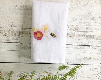 Poppy and bee French linen tea towel, white stone washed dish towel, kitchen decor, house warming, hostess gift