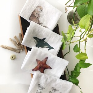 Coastal linen tea towels set of 4, art by Emma Pyle, watercolor art, orca, otter, starfish,  pipers, gift for beach lovers