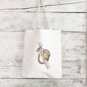 Reusable Cloth Tote Bag with Art by Emma Pyle, chipmunk watercolor painting on sturdy 100% cotton bag, woodland themed gift, squirrel art