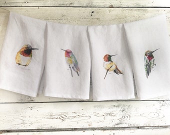 Set of four hummingbird French linen tea towels, art by Emma Pyle, watercolor birds dish towel set, hummingbird, gift set for bird lover