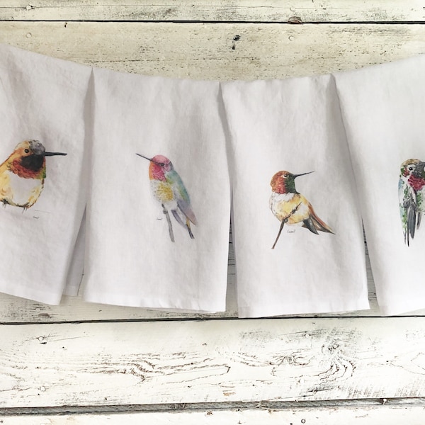 Set of four hummingbird French linen tea towels, art by Emma Pyle, watercolor birds dish towel set, hummingbird, gift set for bird lover