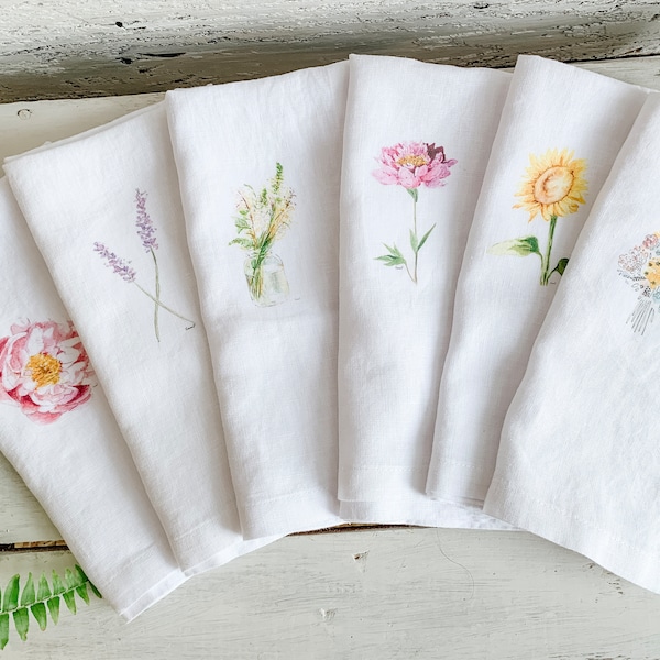 Set of six French Linen Napkins with floral watercolor art  by Canadian artist Emma Pyle, 18 inch square,  wedding gift