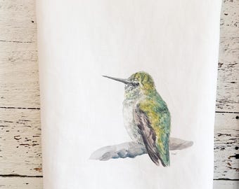 Hummingbird French Linen Tea Towel.  Female Anna's Hummingbird Kitchen Towel.  Bird lover gift.  Housewarming gift.  Made in Canada.