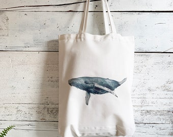Humpback Cotton Tote Bag with Canadian watercolor art. Sustainable eco friendly gift for sea lover. Washable and make great gifts for her.