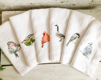 Set of six French Linen Napkins with bird watercolor art, 18 inch square with beautiful watercolor bird art by Canadian artist