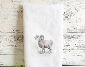 Bighorn sheep French linen tea towel, white stone washed dish towel, kitchen decor, house warming, hostess gift, wildlife print