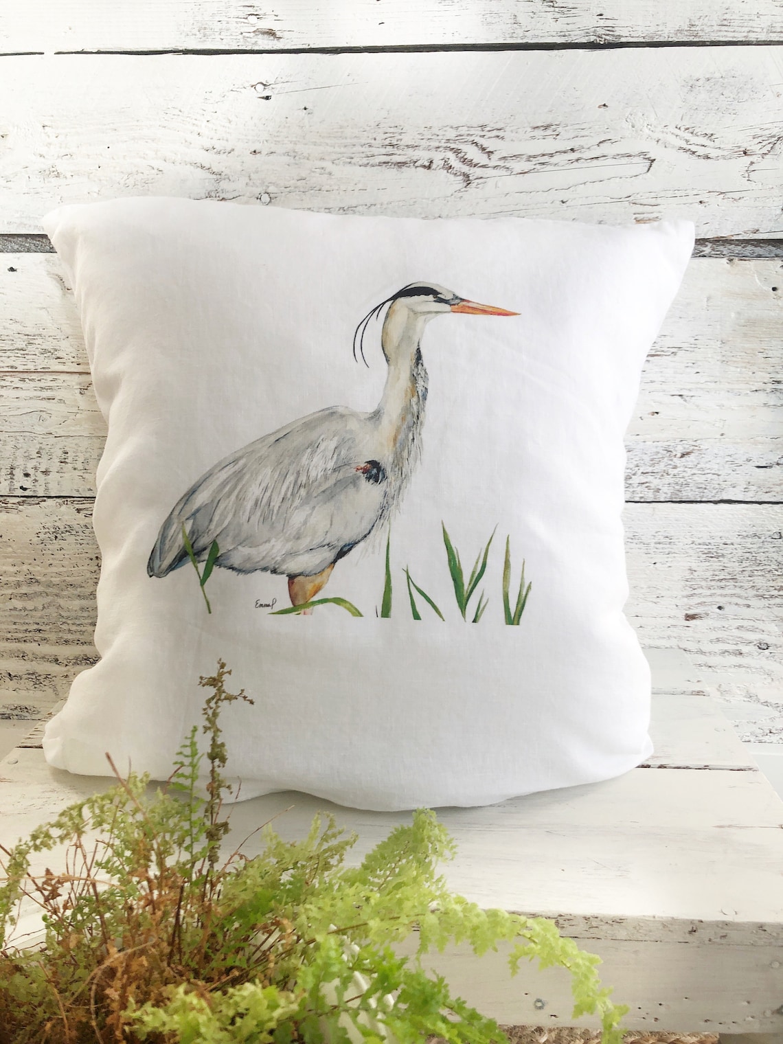 Great Blue Heron Linen Pillow Cover White Stone Washed French Etsy