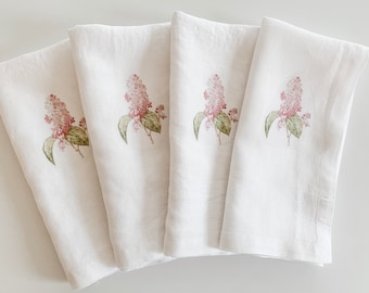 Set of four French Linen Napkins with beautiful purple lilac watercolour artwork, 18 inch square