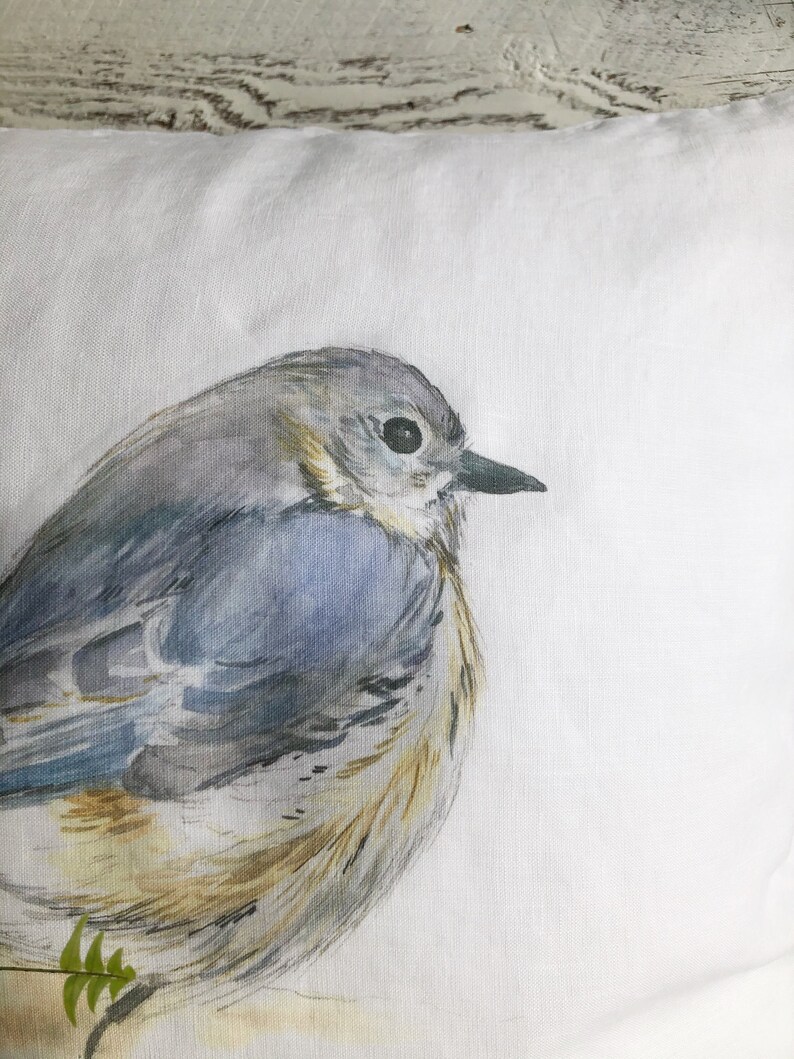Linen Blue Bird Pillow Cover White Stone Washed French Linen Etsy