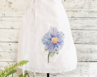 Cafe Apron with blue Iclandic poppy watercolor print.  One size fits all French linen apron is a unique gift.  Fully machine washable.