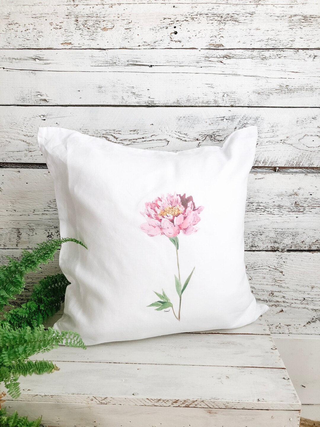 Single Stem Peony French Linen Pillow Cover. Machine Washable Case With