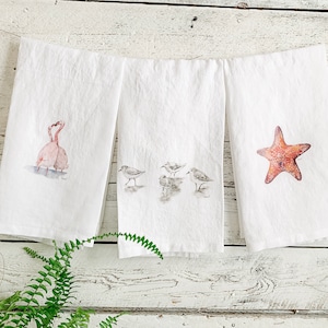 Set of three sea side French linen tea towels, watercolor flamingo, piper  and starfish art dish towel set, Florida coast inspired