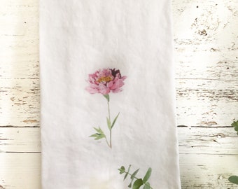 Single stem peony French linen tea towel, dish towel kitchen decor, house warming, hostess gift for gardener, pink flower art