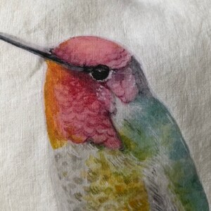 Linen Anna's hummingbird pillow cover, white stone washed French linen home decor, fits 18 inch insert, gift for bird watcher image 2