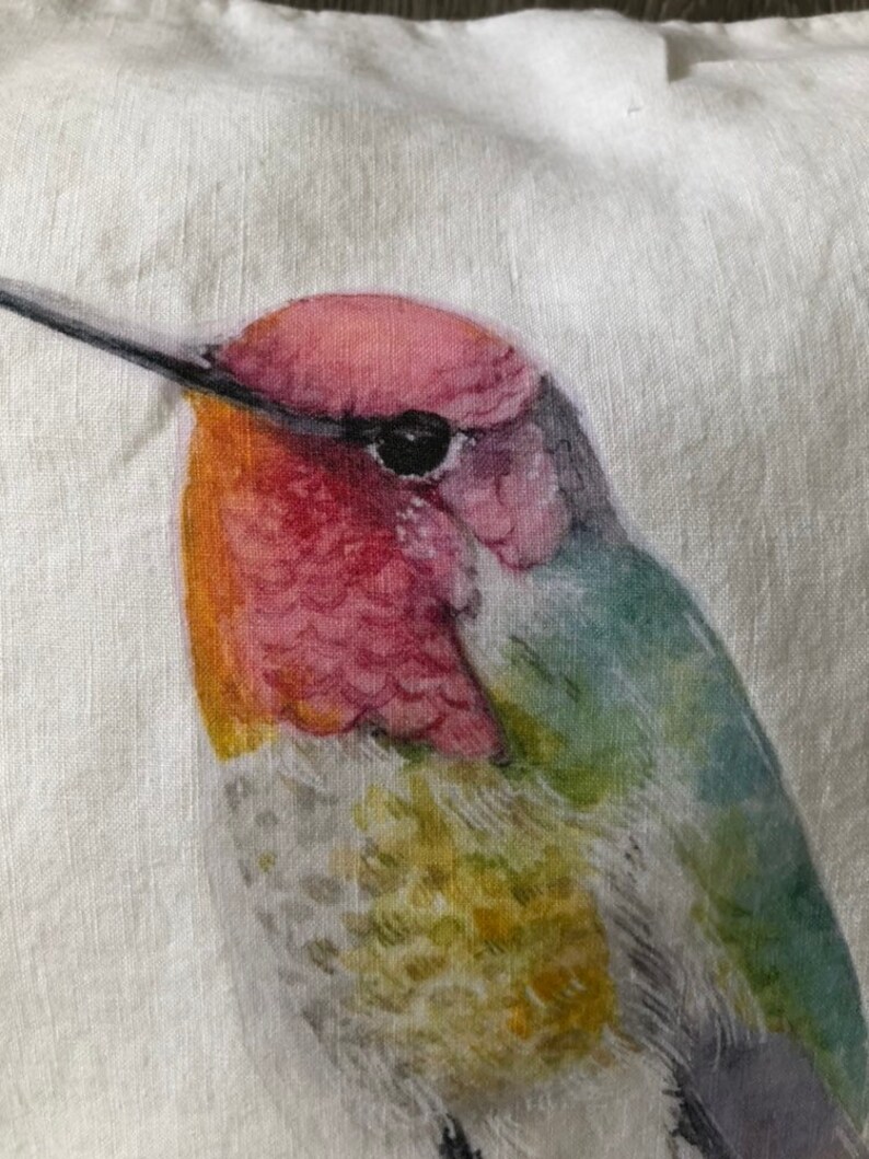 Linen Anna's hummingbird pillow cover, white stone washed French linen home decor, fits 18 inch insert, gift for bird watcher image 2