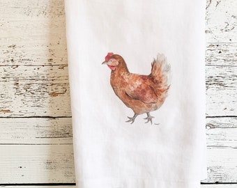 Brown Hen French linen tea towel, white stone washed  dish towel, house warming, hostess gift, birthday present farmcore