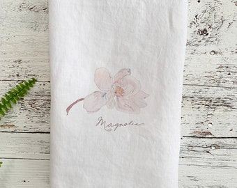 Magnolia French linen tea towel, gift for gardener, floral themed housewarming present for her, dishcloth with art