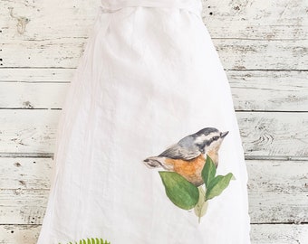 Cafe Apron with nuthatch bird watercolor print.  One size fits all French linen apron is a unique gift for her birthday.  Machine washable.