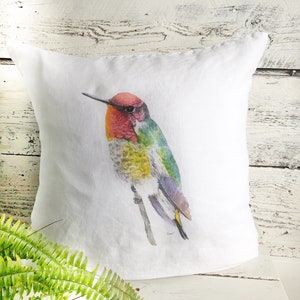 Linen Anna's hummingbird pillow cover, white stone washed French linen home decor, fits 18 inch insert, gift for bird watcher image 1