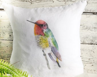 Linen Anna's hummingbird pillow cover, white stone washed French linen home decor,  fits 18 inch insert, gift for bird watcher