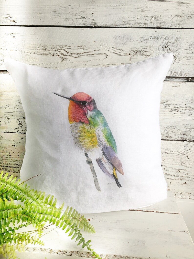 Linen Anna's hummingbird pillow cover, white stone washed French linen home decor, fits 18 inch insert, gift for bird watcher image 1