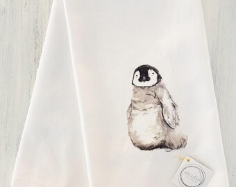Organic Cotton Tea Towel with Penguin print, practical hostess gift or any occasion, super absorbent