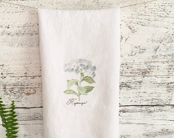 Blue Hydrangea French linen tea towel, gift for gardener, floral themed housewarming present for her, dishcloth with art