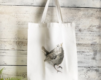 Eco Friendly  Canvas Tote Bag with Art by Emma Pyle,  Wren water color print, birthday gift for bird lover, sustainable and reusable tote