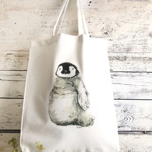 Cotton  market bag with art by Emma Pyle, reusable penguin watercolor print on canvas bag