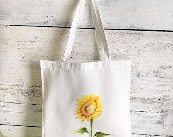 Sunflower reusable canvas market bag with art by Emma Pyle, cptton tote bag birthday present for gardener, yellow floral art print,