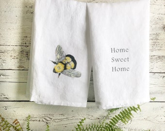 Bumble bee and home sweet home linen tea towel set, white stone washed french linen, dish towel, kitchen decor, house warming, hostess gift