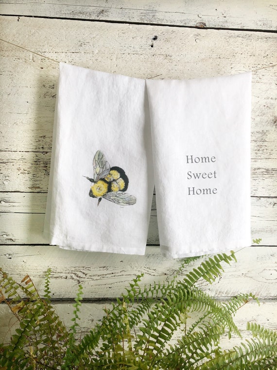 Bumble Bee and Home Sweet Home Linen Tea Towel Set White Stone