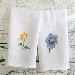 Blue Poppy and Sunflower French Linen tea towel set,  kitchen decor, house warming gift set, hostess gift, watercolor art on tea towel