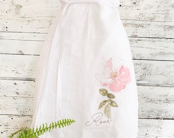 Cafe Apron with romantic pink rose watercolor print.  One size fits all French linen apron is a unique floral themed gift for her.  Washable