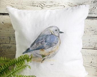 Linen blue bird pillow cover,  white stone washed French linen, home decor,  house warming,  watercolor bird print