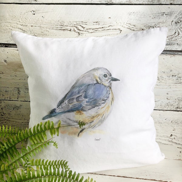 Linen blue bird pillow cover,  white stone washed French linen, home decor,  house warming,  watercolor bird print