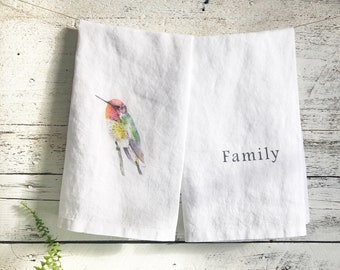 Linen  tea towel set, white stone washed french linen, dish towel, kitchen decor, house warming, hostess gift, hummingbird tea towel