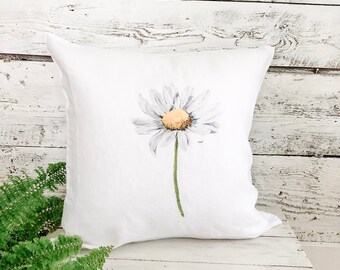Daisy French Linen pillow cover. Machine washable case with zippered closure at bottom.  Fits 18" insert. Unique gift.