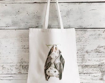 Fruit Bat reusable canvas market bag with art by Emma Pyle, sturdy cotton canvas tote