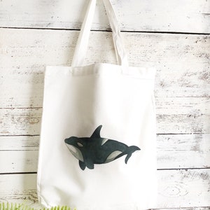 Orca canvas draagtas, kunst van Emma Pyle Art, 100% katoenen canvas, verjaardagscadeau met oceaanthema voor hem of haar, walviskunstprint op resuable tas