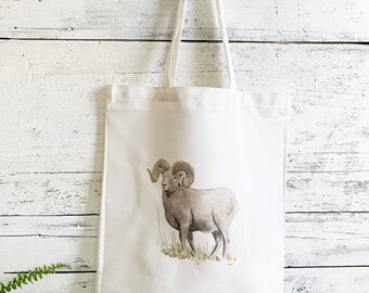 100% cotton canvas Tote Bag with Art by Emma Pyle with bighorn sheep, Canadian wildlife gift for traveler, sustainable and eco friendly