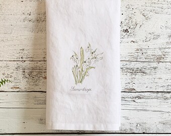 Snowdrops French linen tea towel, gift for gardener, floral themed housewarming present for her, dishcloth with art. Beautiful spring flower