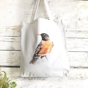 Reusable 100% Canvas Tote Bag with Robin Watercolor art by Emma Pyle, great gift for bird lover image 1