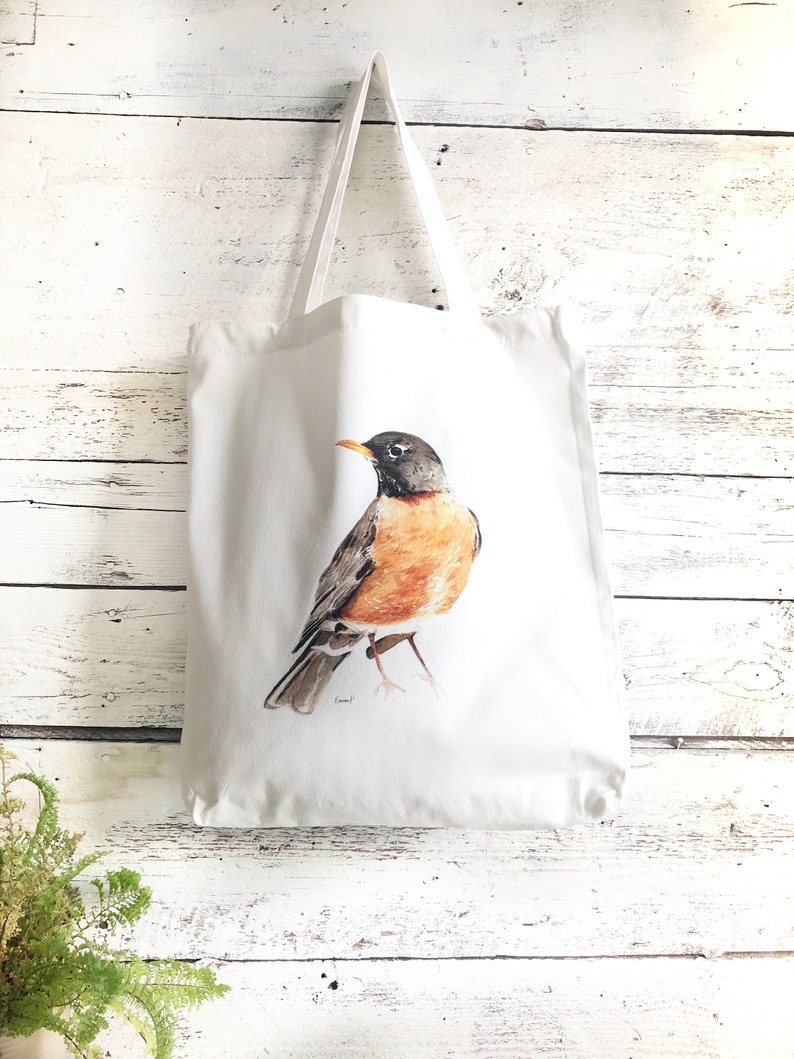 Reusable 100% Canvas Tote Bag with Robin Watercolor art by Emma Pyle, great gift for bird lover image 1