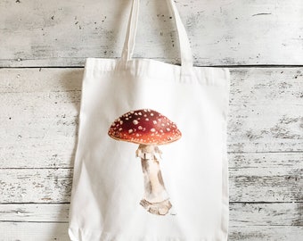 Mushroom Reusable Cloth Tote Bag with Art by Emma Pyle, sustainable gift for fungi lover, sturdy eco friendly market bag