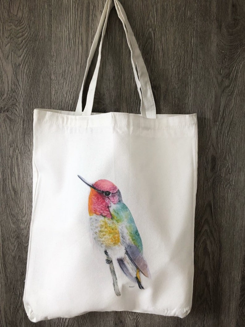 Reusable Cloth Tote Bag with Art by Emma Pyle brightly colored hummingbird